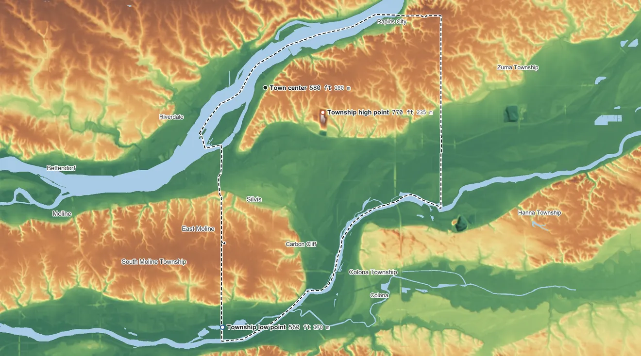Topographic elevation map of Hampton Township, Illinois, shaded from 560 ft on the south side to 770 ft on the southeast side