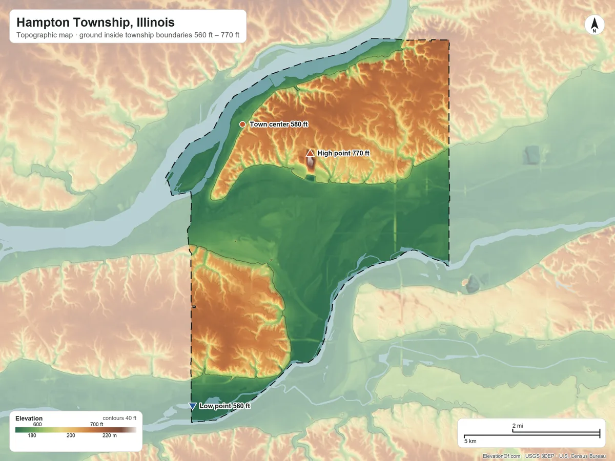 Topographic elevation map of Hampton Township, Illinois, shaded from 560 ft on the south side to 770 ft on the southeast side