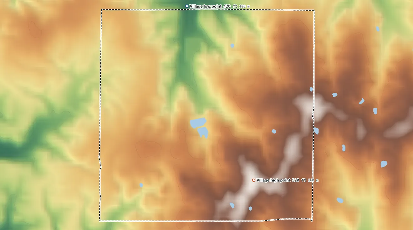 Topographic elevation map of Hanaford, Illinois, shaded from 420 ft on the north side to 520 ft on the southeast side