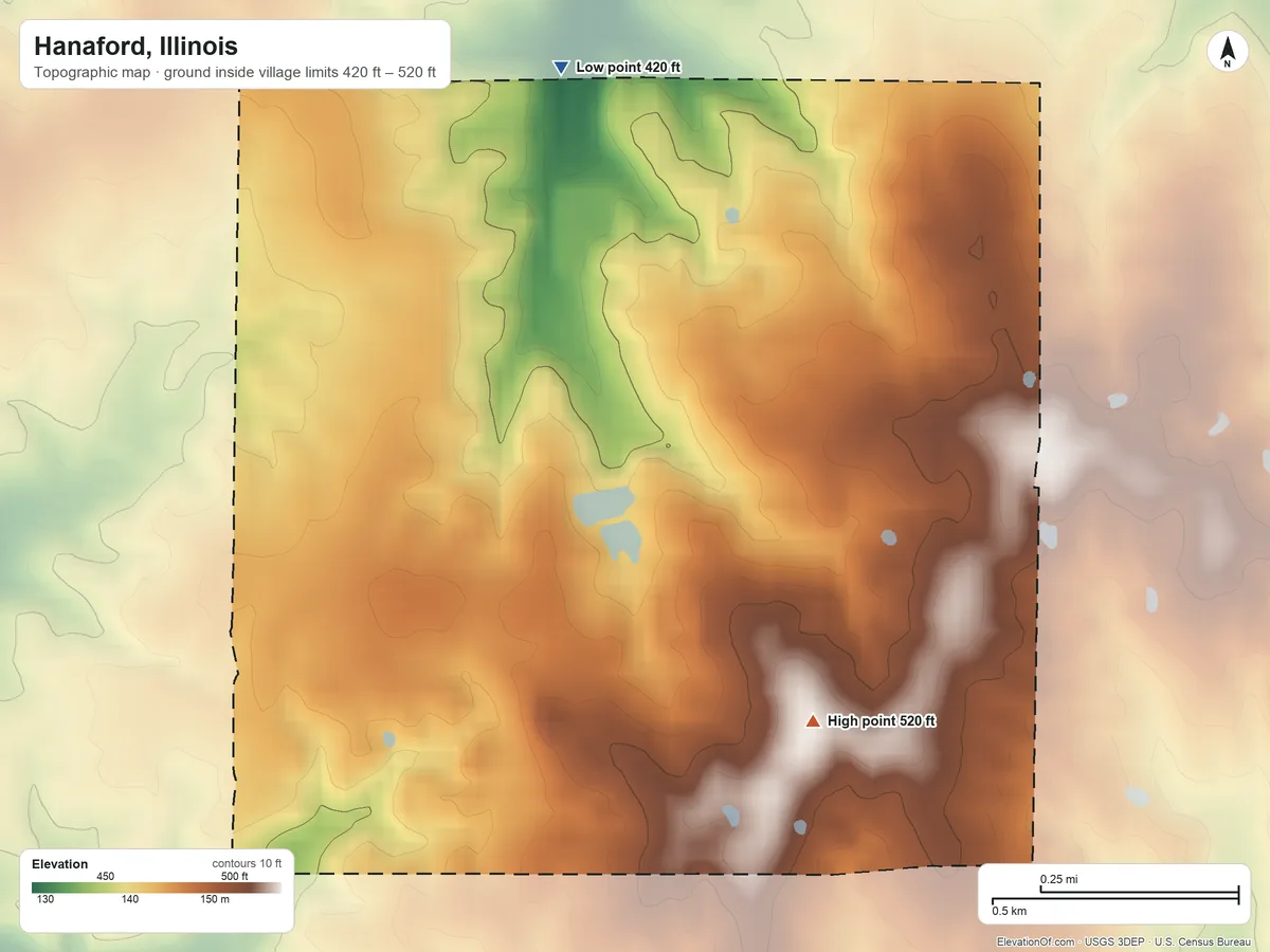 Topographic elevation map of Hanaford, Illinois, shaded from 420 ft on the north side to 520 ft on the southeast side