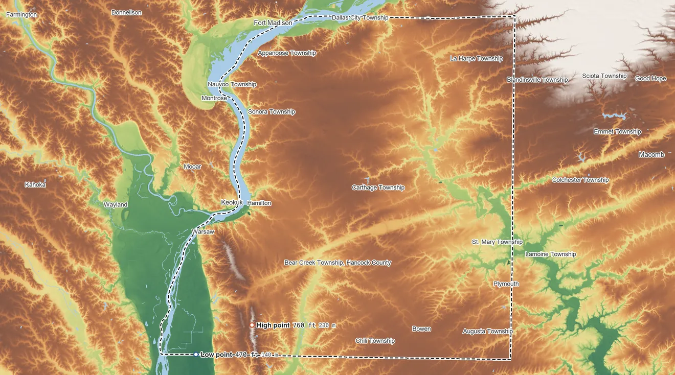 Topographic elevation map of Hancock County, Illinois, shaded from 470 ft on the southwest side to 760 ft on the southwest side