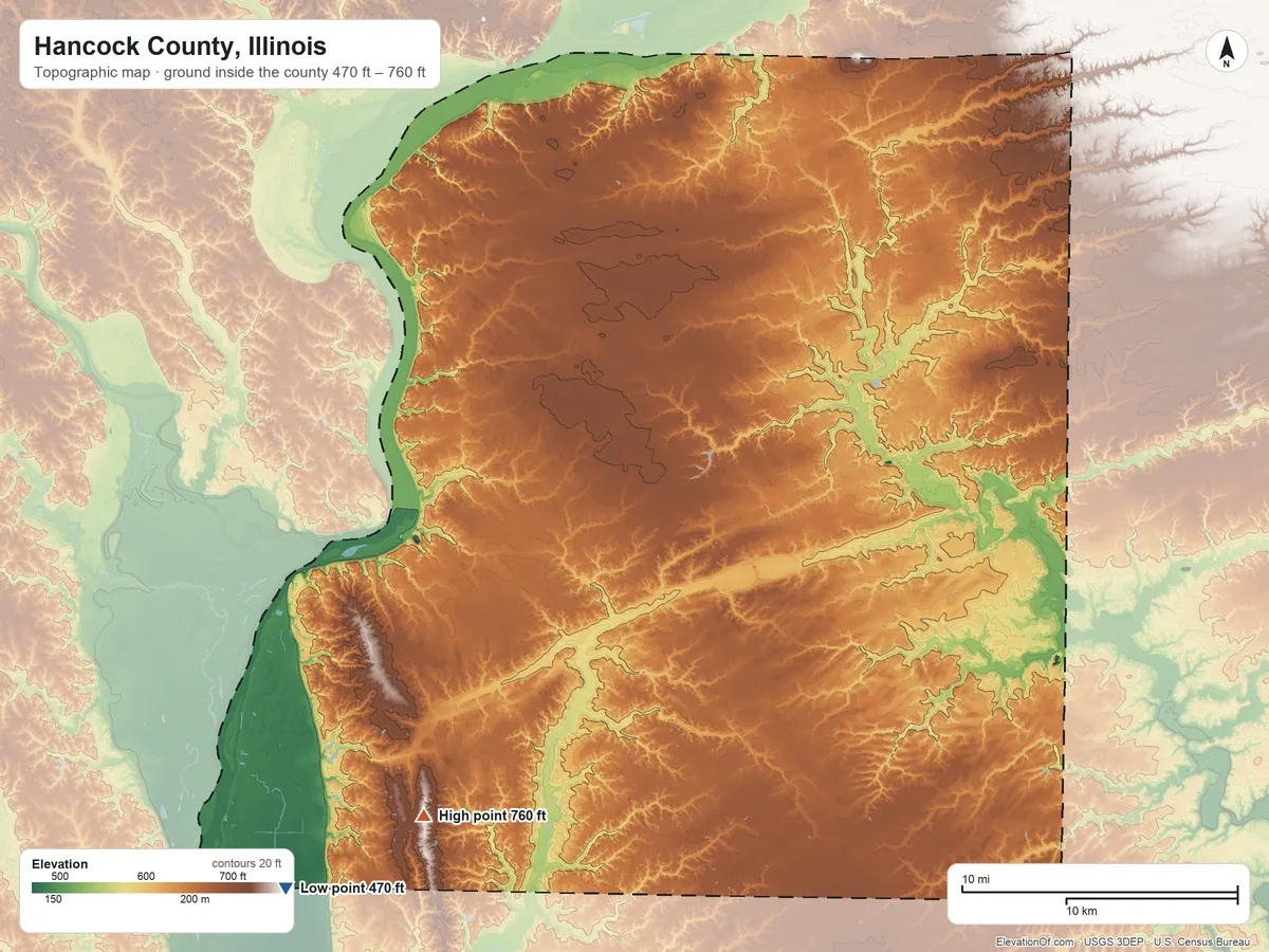Topographic elevation map of Hancock County, Illinois, shaded from 470 ft on the southwest side to 760 ft on the southwest side