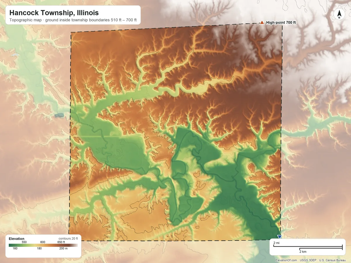 Topographic elevation map of Hancock Township, Illinois, shaded from 510 ft on the southeast side to 700 ft on the northeast side