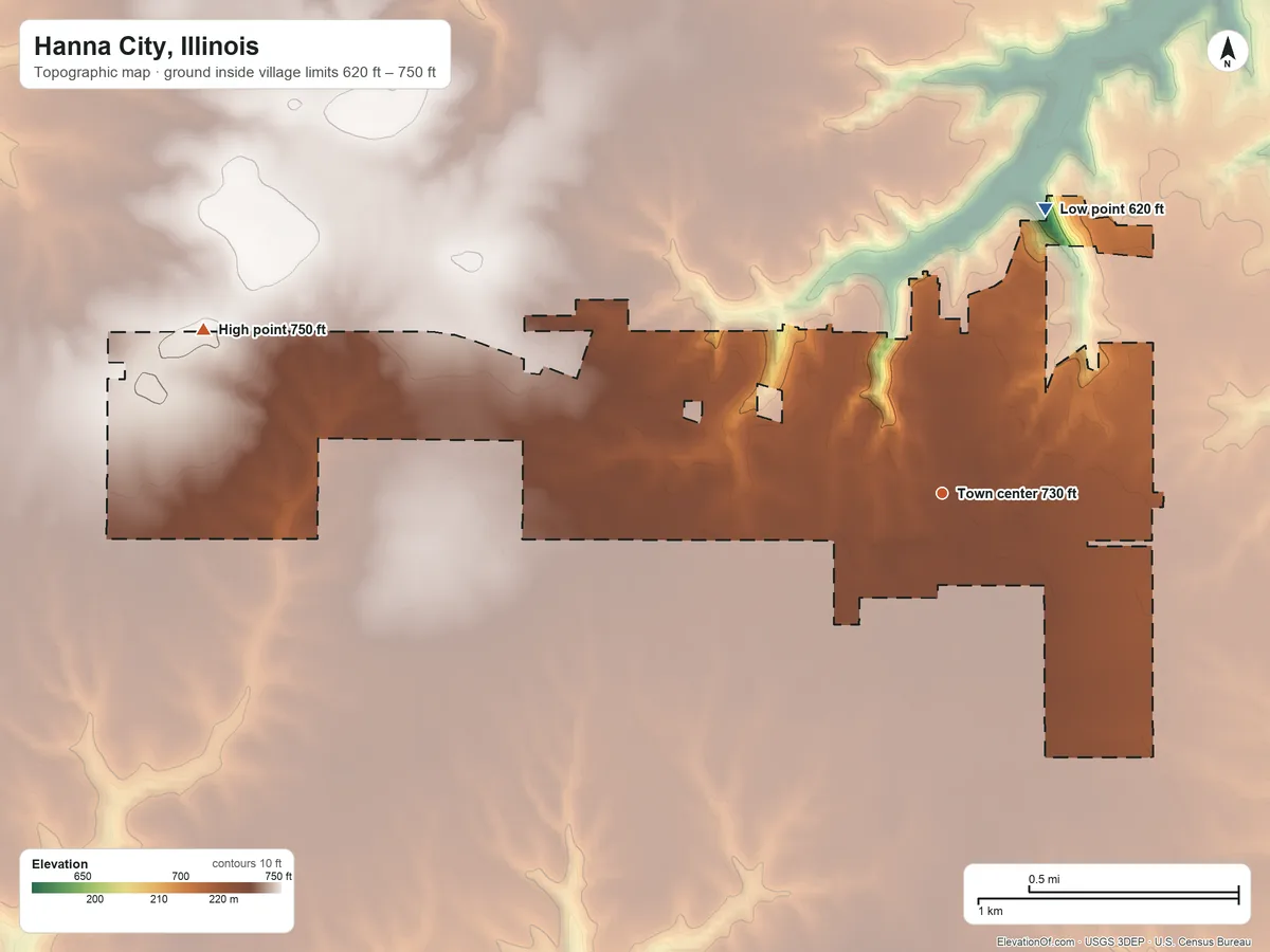 Topographic elevation map of Hanna City, Illinois, shaded from 620 ft on the north side to 750 ft on the west side