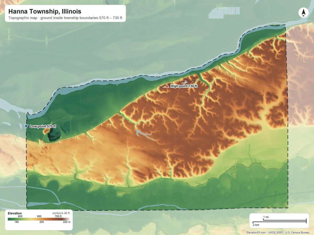 Topographic elevation map of Hanna Township, Illinois, shaded from 570 ft on the west side to 730 ft on the northeast side