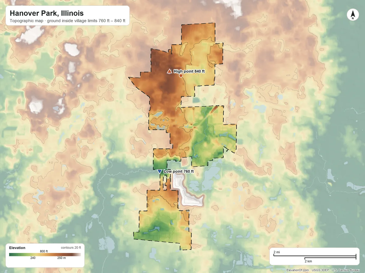 Topographic elevation map of Hanover Park, Illinois, shaded from 760 ft on the south side to 840 ft near the middle
