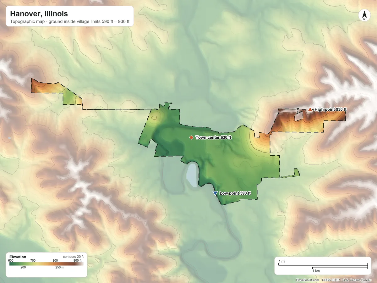 Topographic elevation map of Hanover, Illinois, shaded from 590 ft on the southeast side to 930 ft on the east side