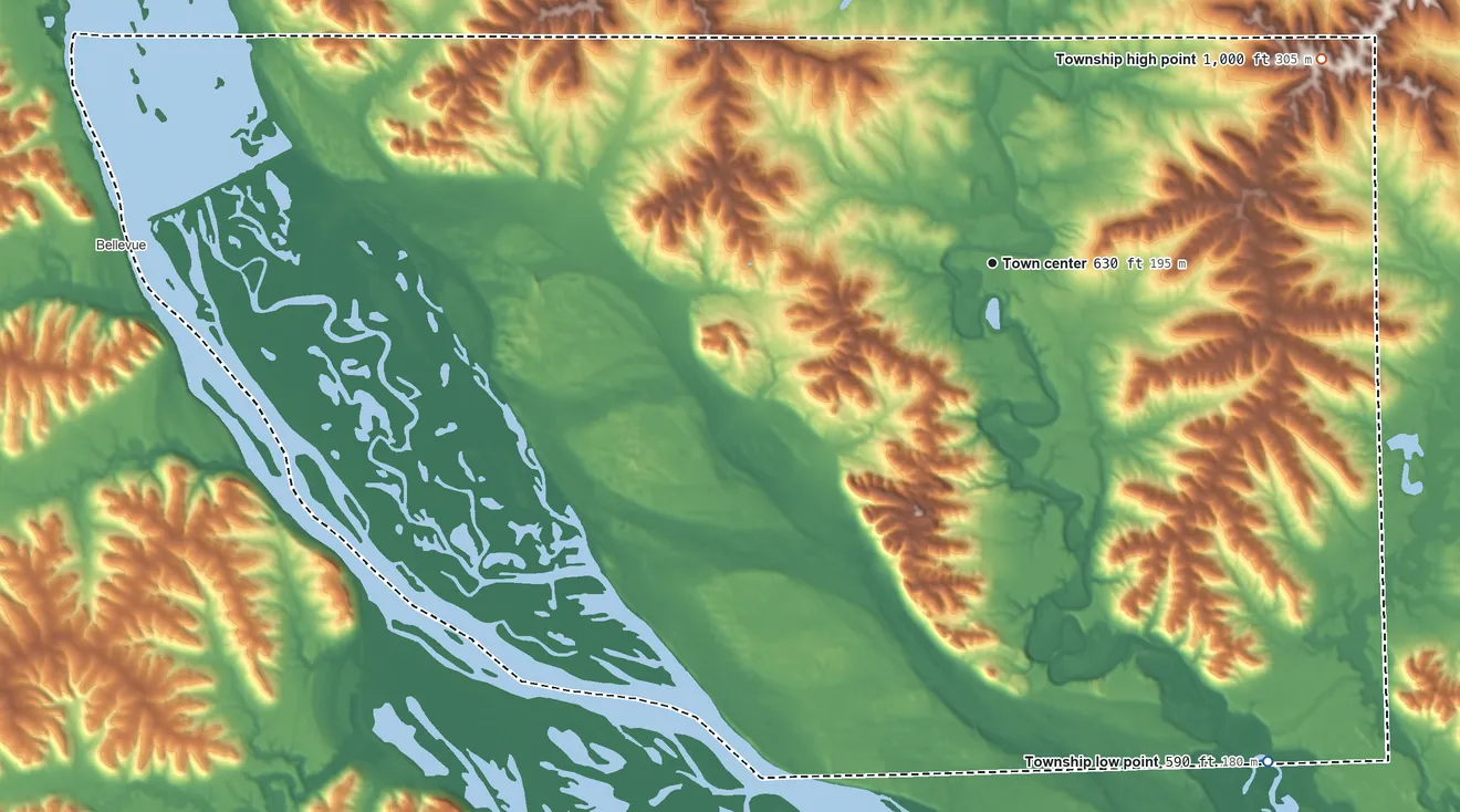 Topographic elevation map of Hanover Township, Jo Daviess County, Illinois, shaded from 590 ft on the southeast side to 1,000 ft on the northeast side