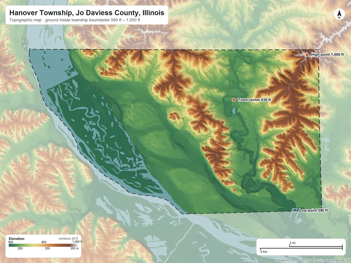 Topographic elevation map of Hanover Township, Jo Daviess County, Illinois, shaded from 590 ft on the southeast side to 1,000 ft on the northeast side