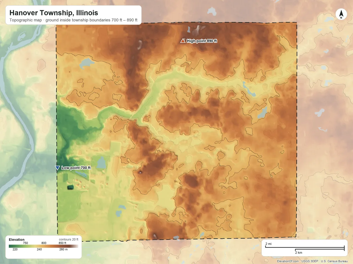 Topographic elevation map of Hanover Township, Illinois, shaded from 700 ft on the west side to 890 ft on the north side
