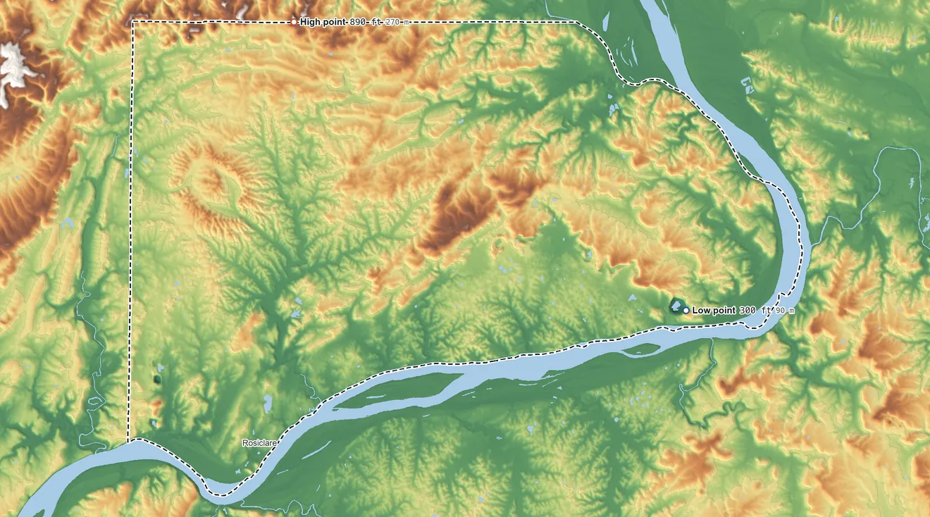 Topographic elevation map of Hardin County, Illinois, shaded from 300 ft on the east side to 890 ft on the northwest side