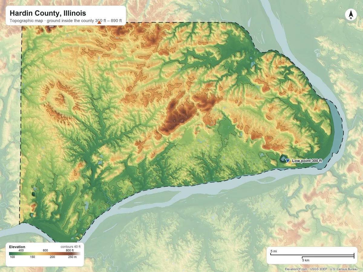 Topographic elevation map of Hardin County, Illinois, shaded from 300 ft on the east side to 890 ft on the northwest side