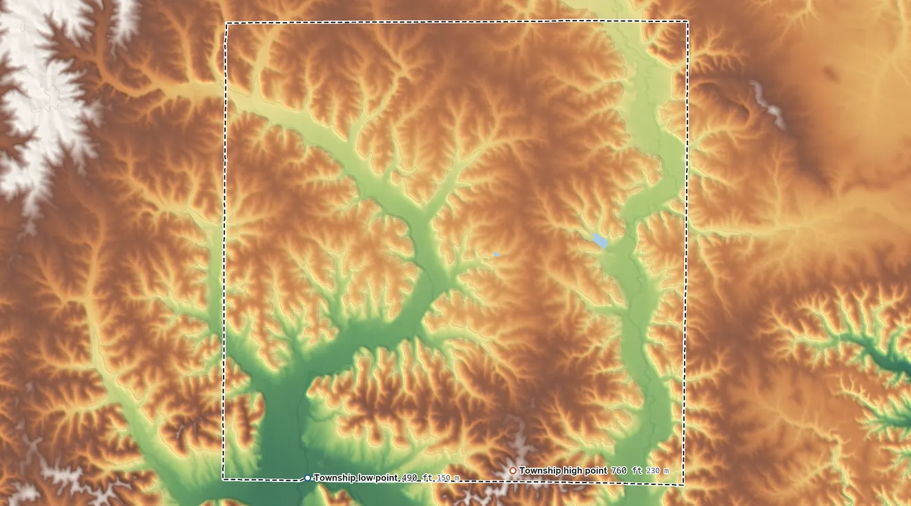 Topographic elevation map of Hardin Township, Illinois, shaded from 490 ft on the southwest side to 760 ft on the south side