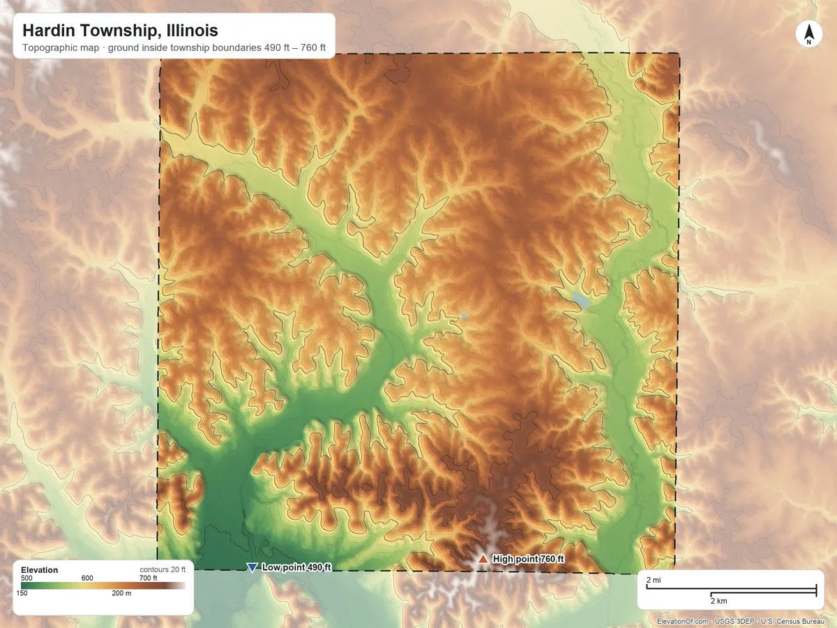Topographic elevation map of Hardin Township, Illinois, shaded from 490 ft on the southwest side to 760 ft on the south side