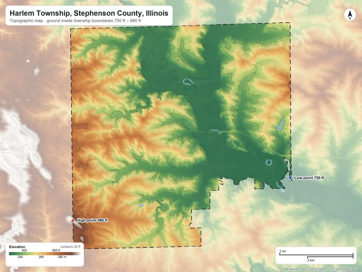 Topographic elevation map of Harlem Township, Stephenson County, Illinois, shaded from 750 ft on the southeast side to 980 ft on the southwest side
