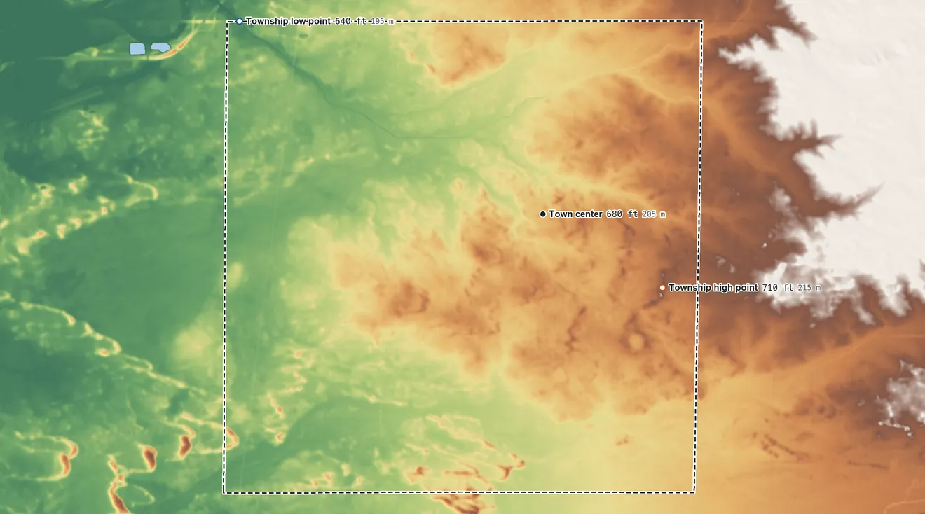 Topographic elevation map of Harmon Township, Illinois, shaded from 640 ft on the northwest side to 710 ft on the southeast side