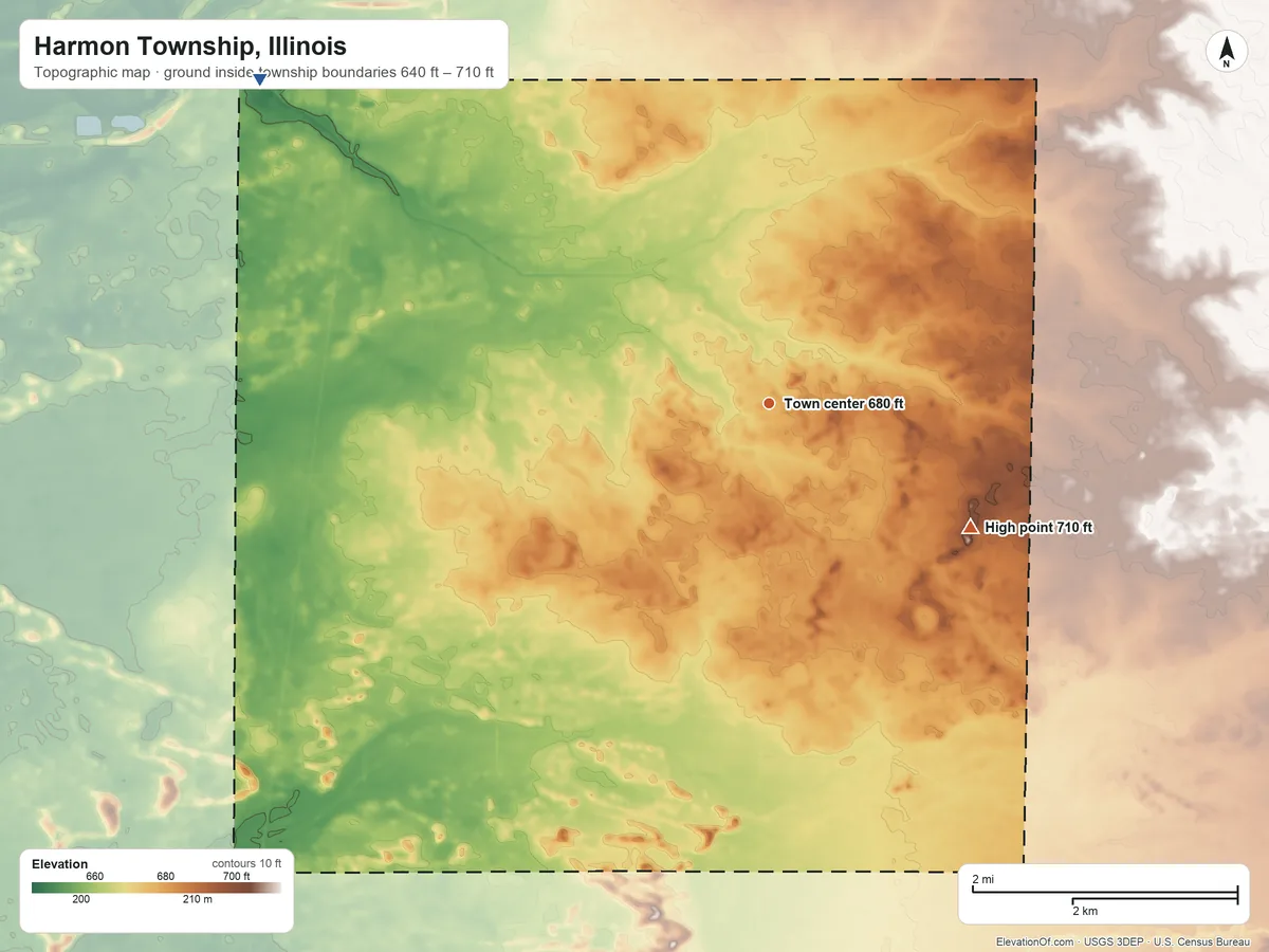 Topographic elevation map of Harmon Township, Illinois, shaded from 640 ft on the northwest side to 710 ft on the southeast side