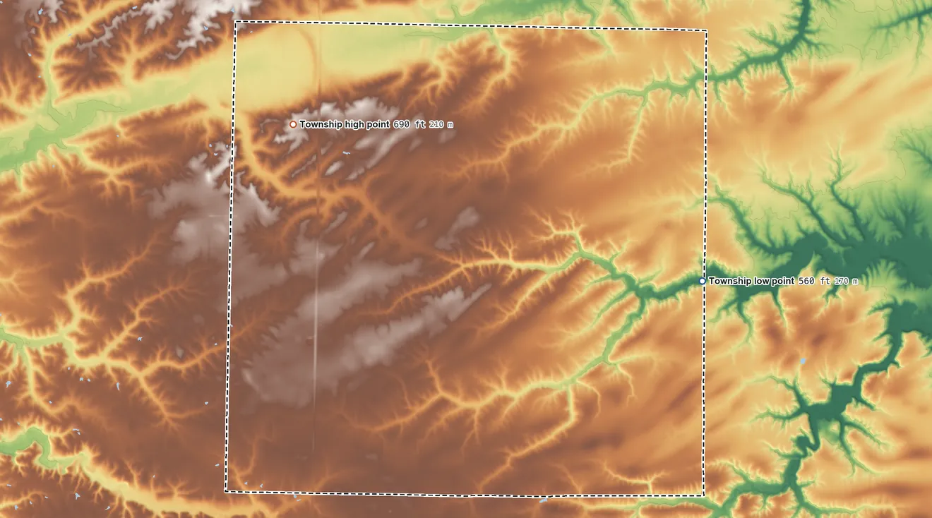 Topographic elevation map of Harmony Township, Illinois, shaded from 560 ft on the east side to 690 ft on the northwest side