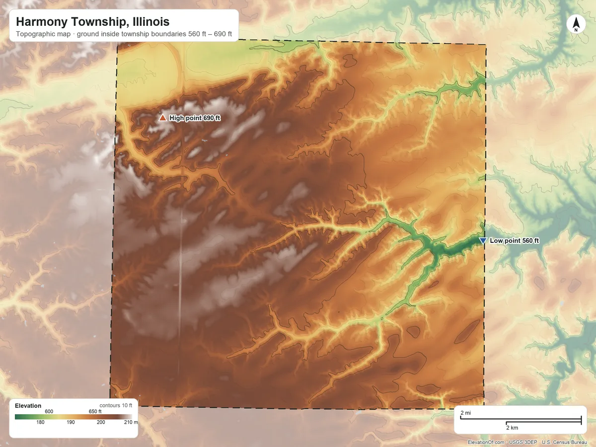 Topographic elevation map of Harmony Township, Illinois, shaded from 560 ft on the east side to 690 ft on the northwest side