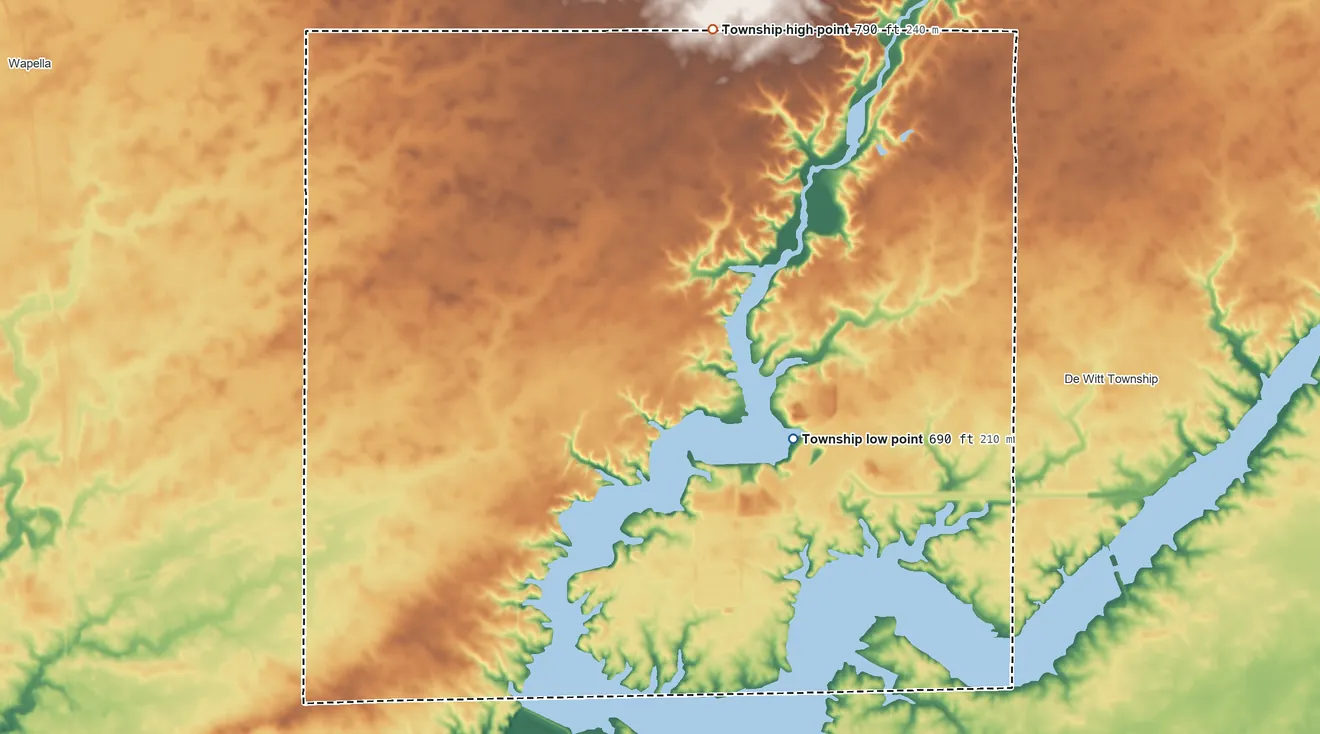 Topographic elevation map of Harp Township, Illinois, shaded from 690 ft on the southeast side to 790 ft on the north side