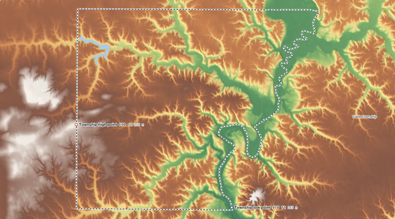 Topographic elevation map of Harris Township, Illinois, shaded from 470 ft on the southeast side to 690 ft on the west side