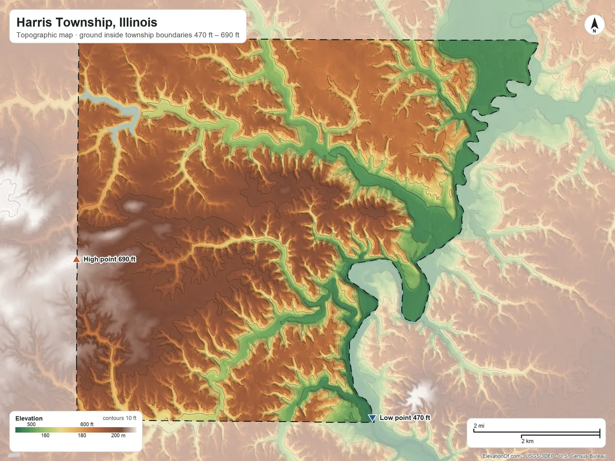 Topographic elevation map of Harris Township, Illinois, shaded from 470 ft on the southeast side to 690 ft on the west side