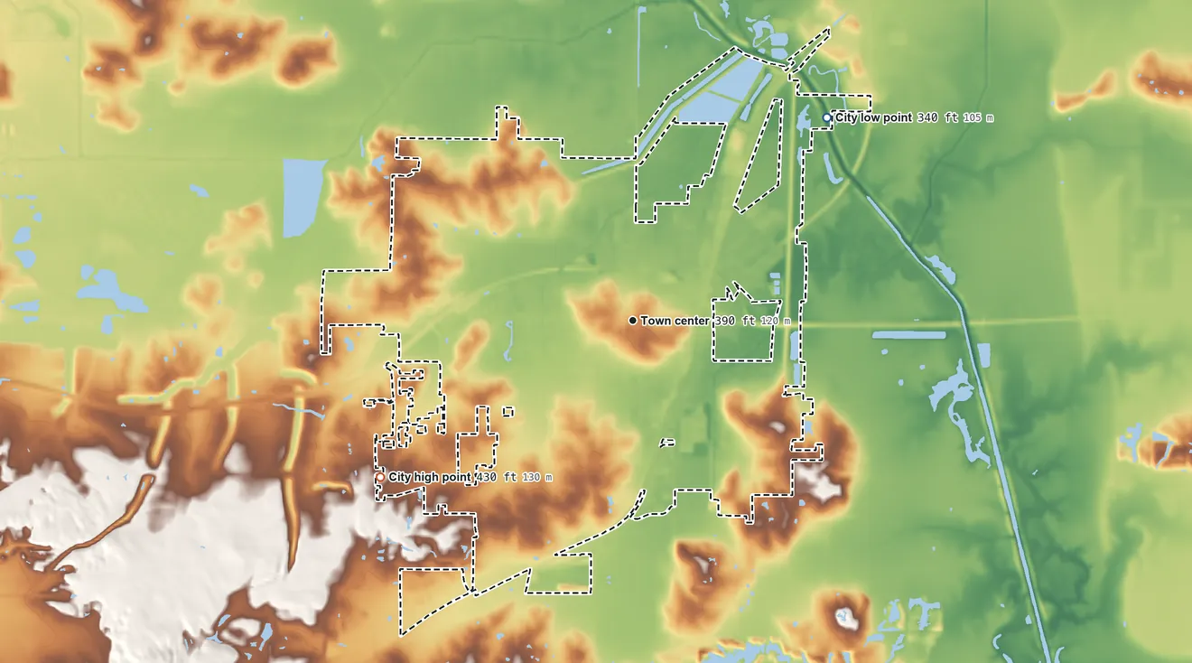 Topographic elevation map of Harrisburg, Illinois, shaded from 340 ft on the northeast side to 430 ft on the southwest side