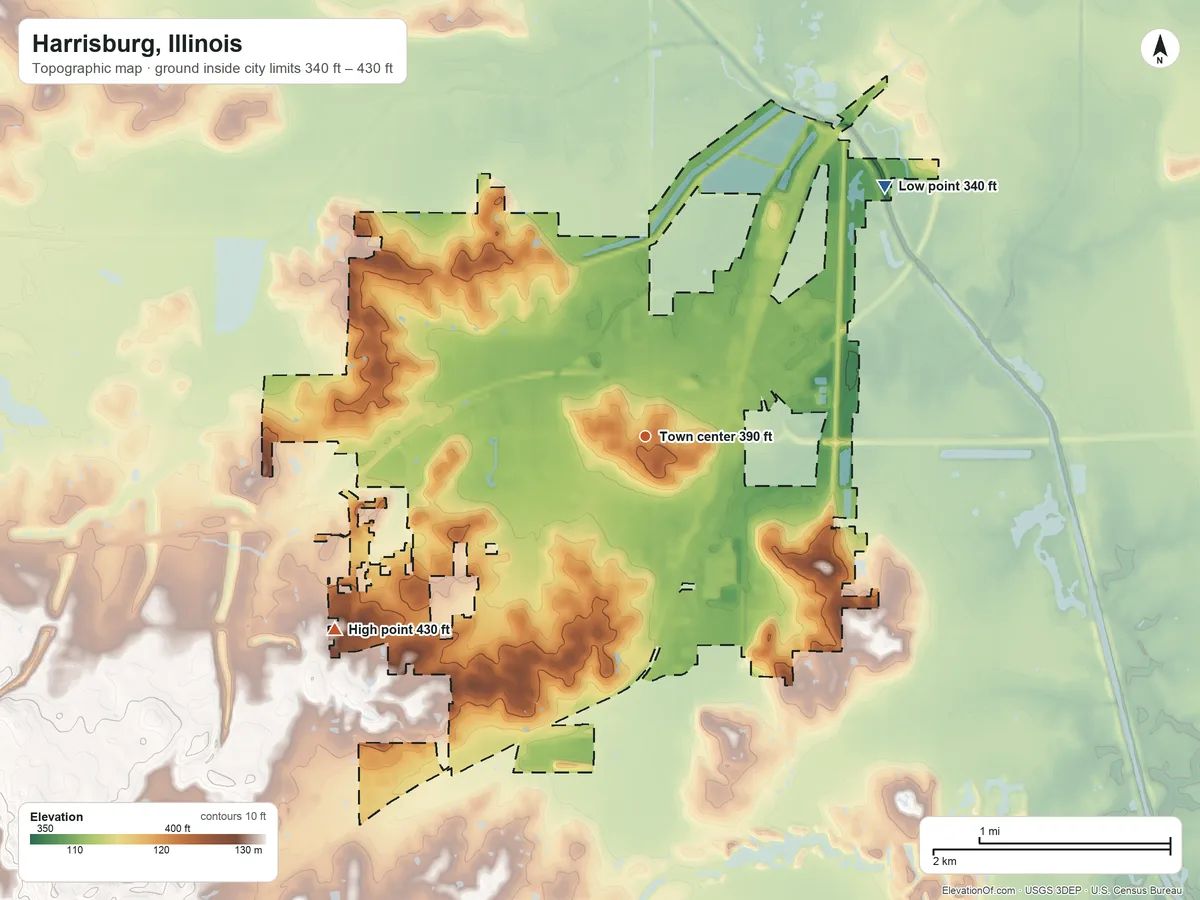 Topographic elevation map of Harrisburg, Illinois, shaded from 340 ft on the northeast side to 430 ft on the southwest side