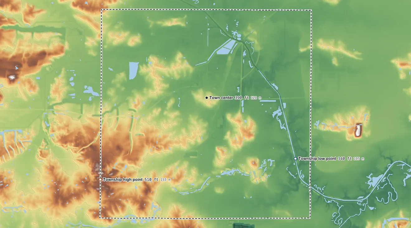 Topographic elevation map of Harrisburg Township, Illinois, shaded from 340 ft on the southeast side to 510 ft on the southwest side