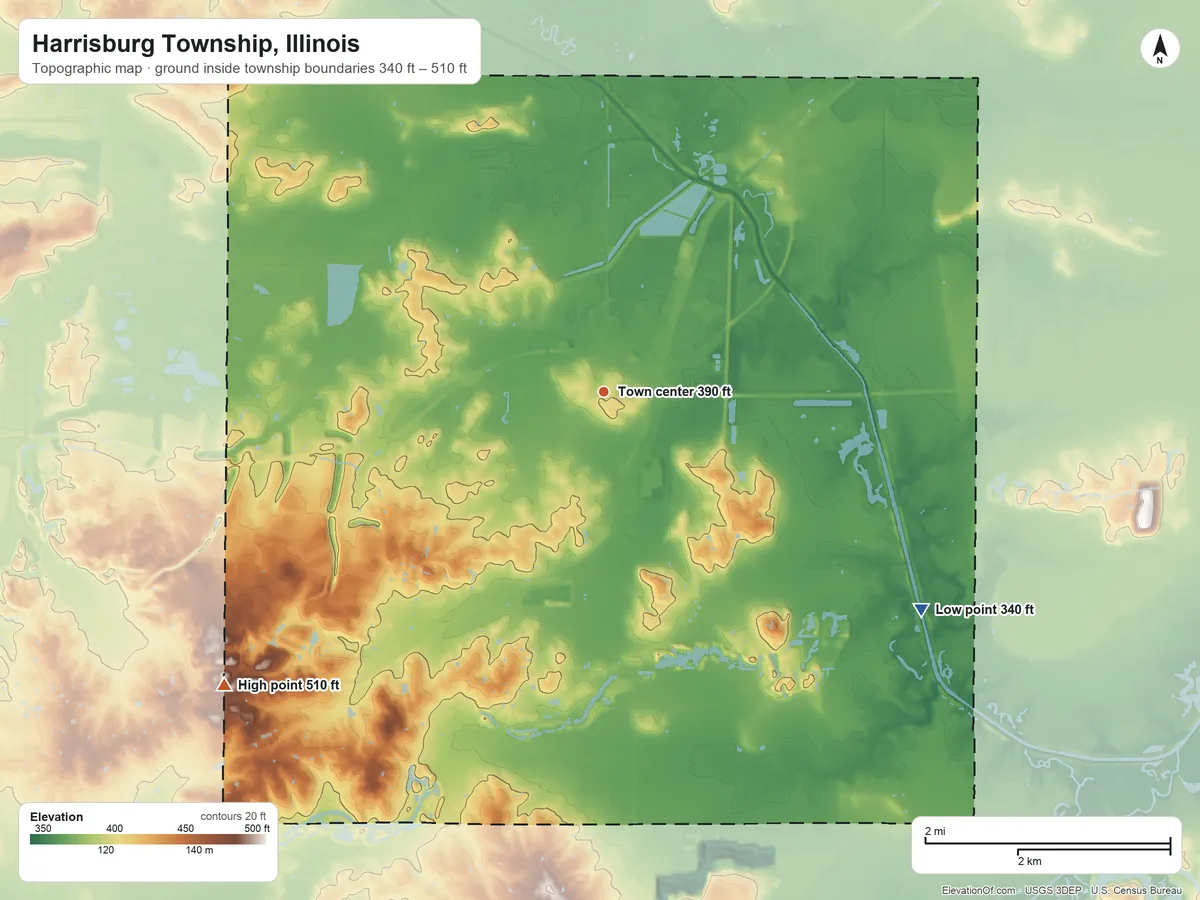 Topographic elevation map of Harrisburg Township, Illinois, shaded from 340 ft on the southeast side to 510 ft on the southwest side