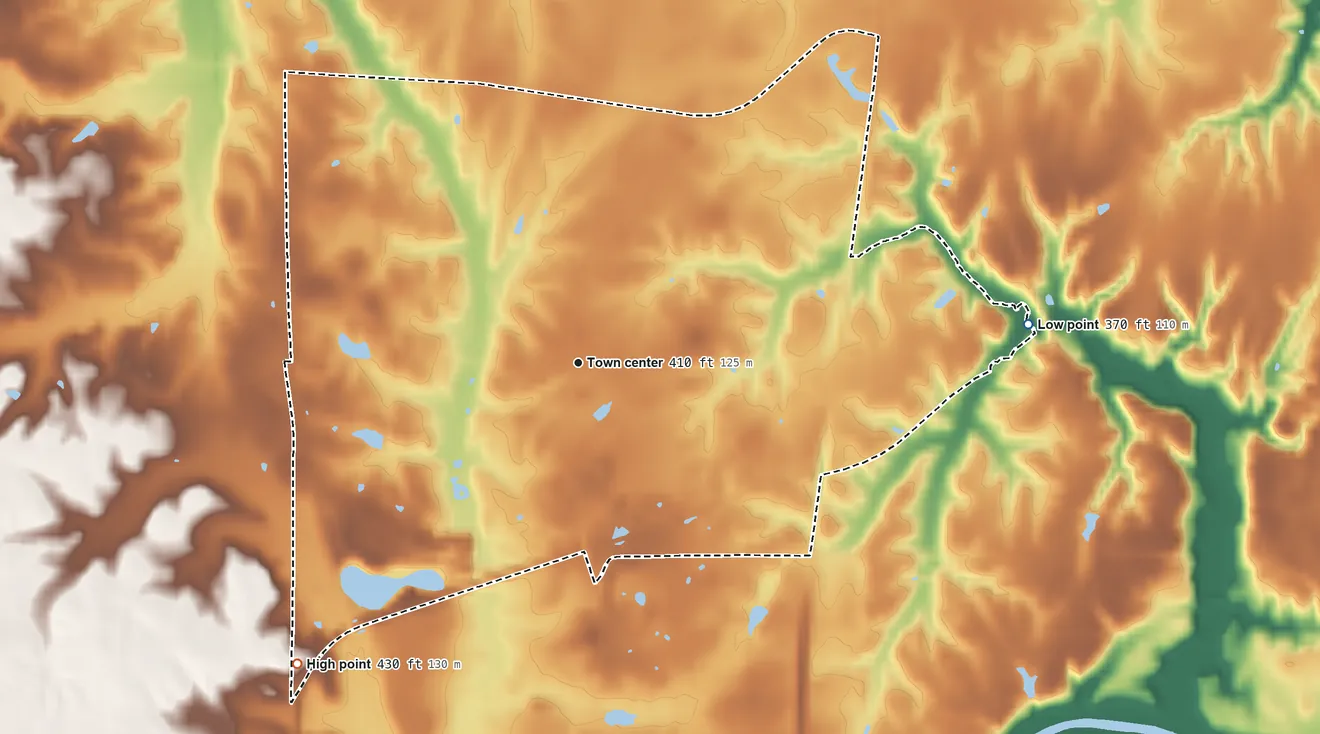 Topographic elevation map of Harrison, Illinois, shaded from 370 ft on the east side to 430 ft on the southwest side