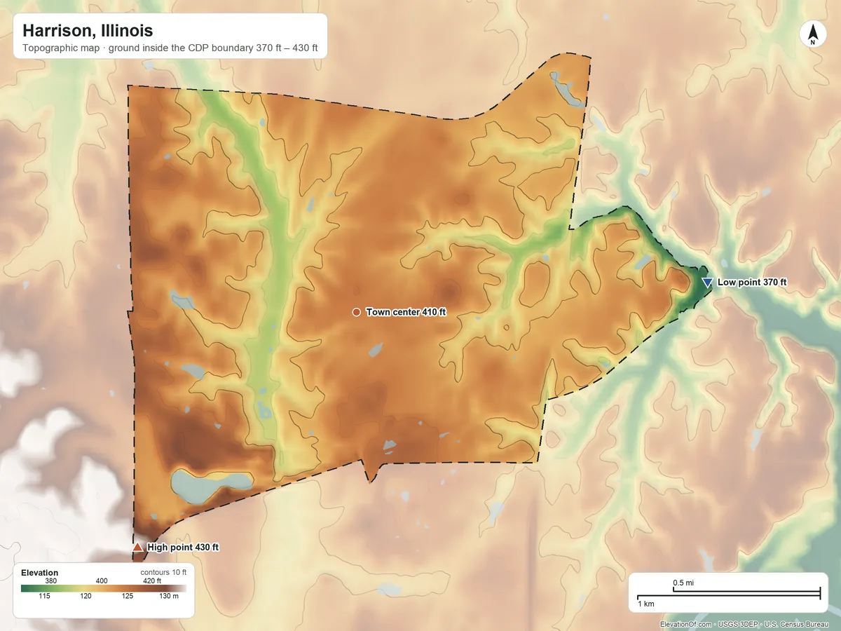 Topographic elevation map of Harrison, Illinois, shaded from 370 ft on the east side to 430 ft on the southwest side