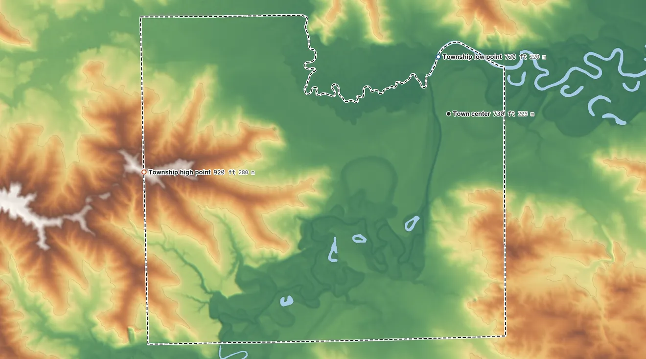 Topographic elevation map of Harrison Township, Illinois, shaded from 720 ft on the north side to 920 ft on the west side