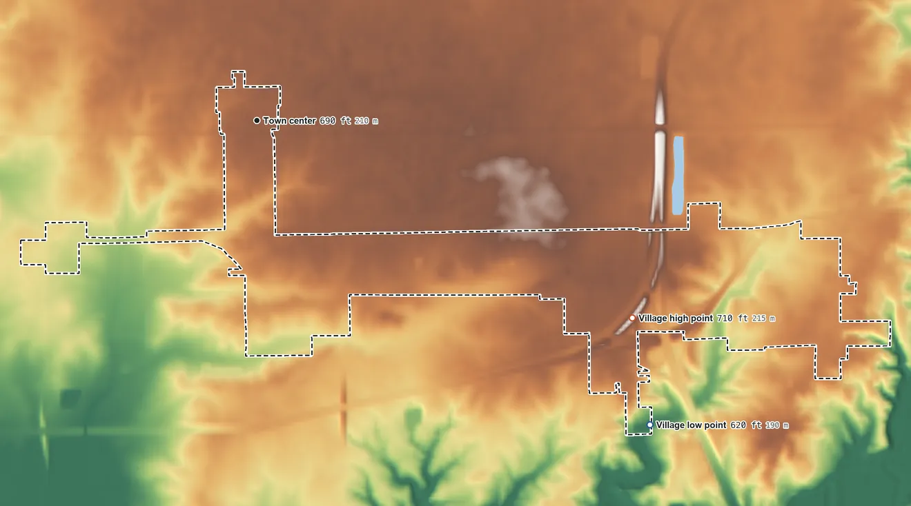Topographic elevation map of Harristown, Illinois, shaded from 620 ft on the southeast side to 710 ft on the southeast side