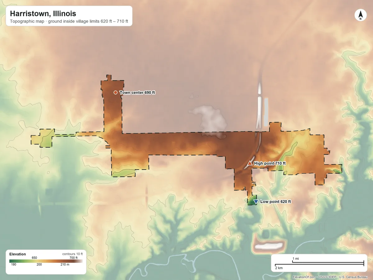 Topographic elevation map of Harristown, Illinois, shaded from 620 ft on the southeast side to 710 ft on the southeast side
