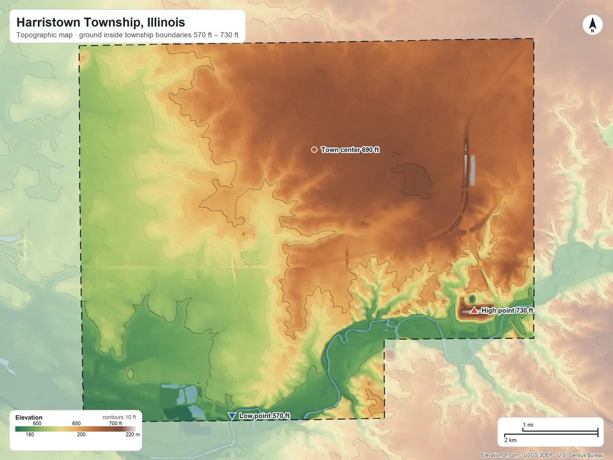 Topographic elevation map of Harristown Township, Illinois, shaded from 570 ft on the south side to 730 ft on the southeast side