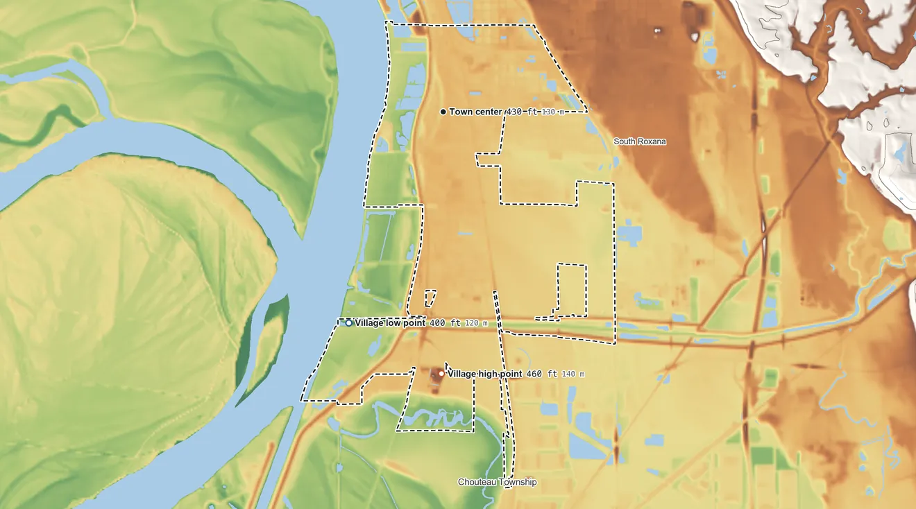Topographic elevation map of Hartford, Illinois, shaded from 400 ft on the southwest side to 460 ft on the south side