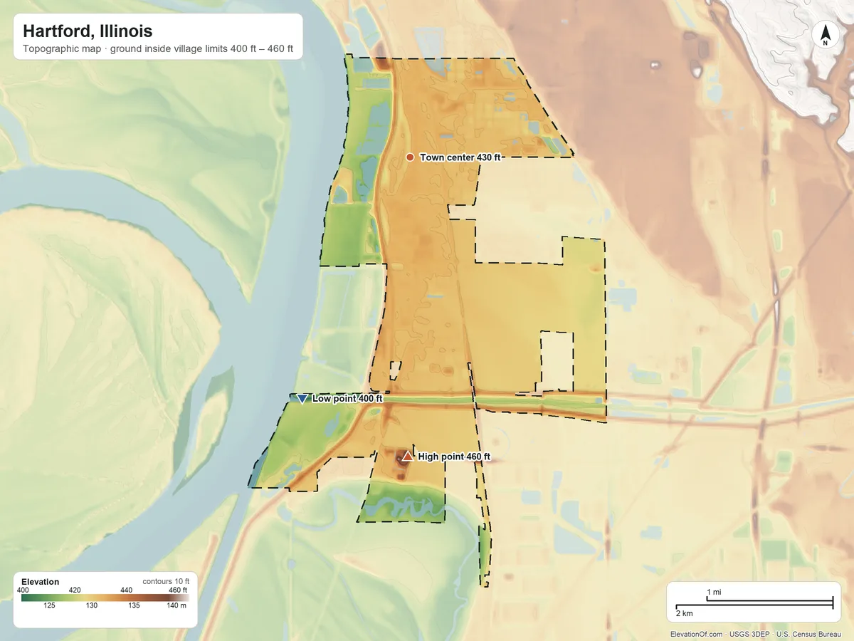 Topographic elevation map of Hartford, Illinois, shaded from 400 ft on the southwest side to 460 ft on the south side