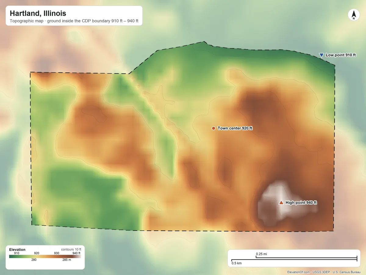 Topographic elevation map of Hartland, Illinois, shaded from 910 ft on the northeast side to 940 ft on the southeast side
