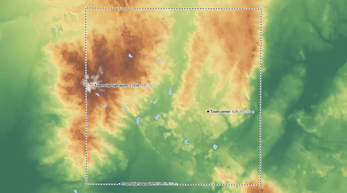 Topographic elevation map of Hartland Township, Illinois, shaded from 850 ft on the southwest side to 1,090 ft on the west side
