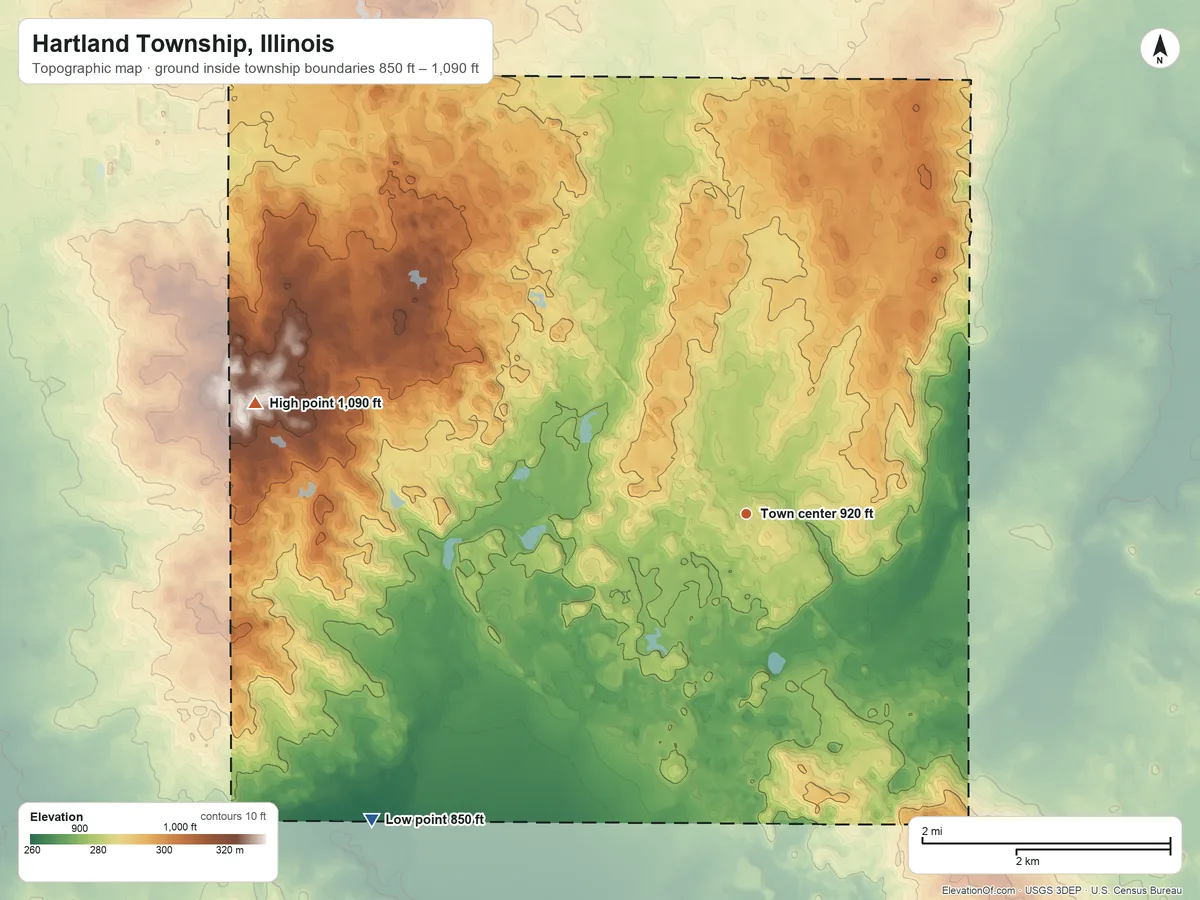 Topographic elevation map of Hartland Township, Illinois, shaded from 850 ft on the southwest side to 1,090 ft on the west side