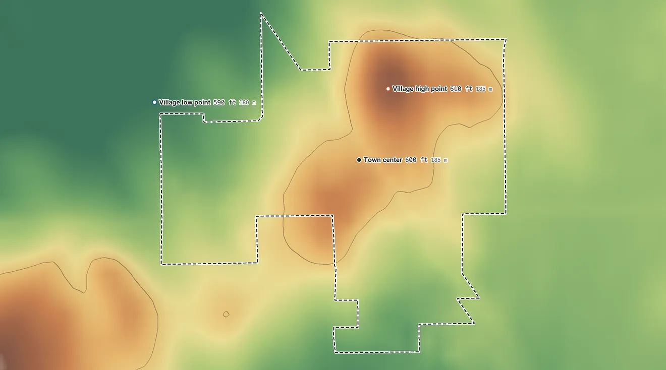 Topographic elevation map of Hartsburg, Illinois, shaded from 590 ft on the west side to 610 ft on the north side