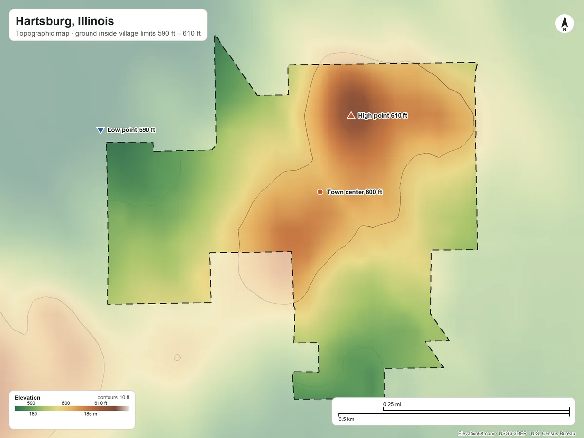 Topographic elevation map of Hartsburg, Illinois, shaded from 590 ft on the west side to 610 ft on the north side