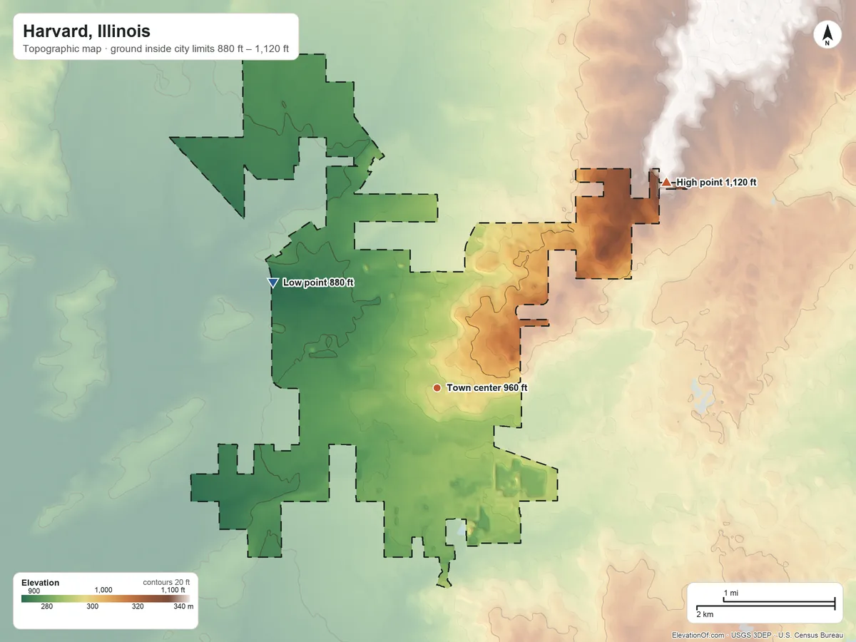 Topographic elevation map of Harvard, Illinois, shaded from 880 ft on the northwest side to 1,120 ft on the northeast side
