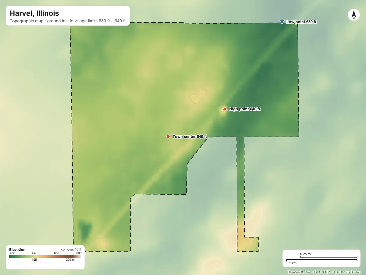 Topographic elevation map of Harvel, Illinois, shaded from 630 ft on the northeast side to 640 ft on the northeast side