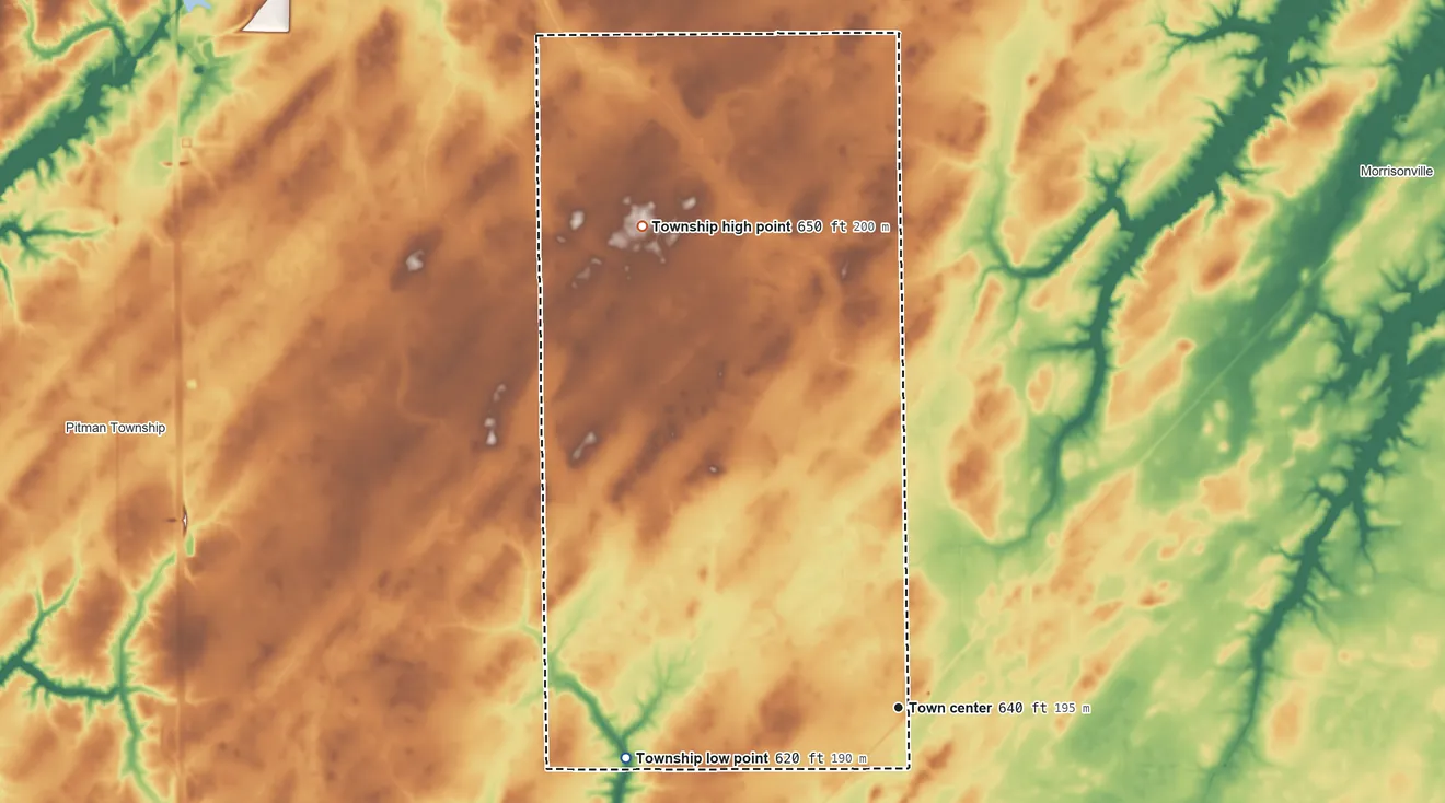 Topographic elevation map of Harvel Township, Illinois, shaded from 620 ft on the west side to 650 ft on the northwest side