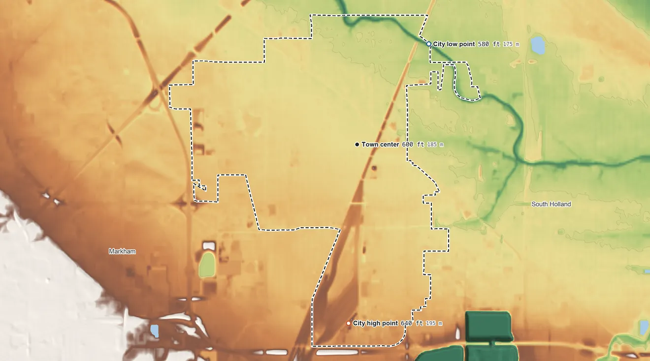 Topographic elevation map of Harvey, Illinois, shaded from 580 ft on the northeast side to 640 ft on the south side