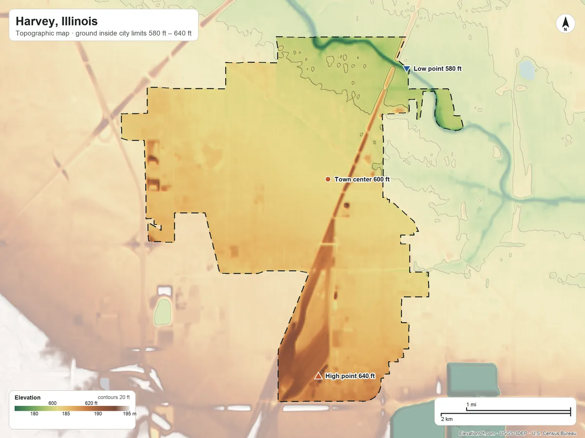 Topographic elevation map of Harvey, Illinois, shaded from 580 ft on the northeast side to 640 ft on the south side