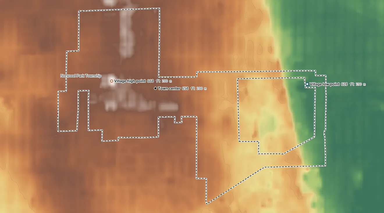 Topographic elevation map of Harwood Heights, Illinois, shaded from 620 ft on the east side to 660 ft on the west side