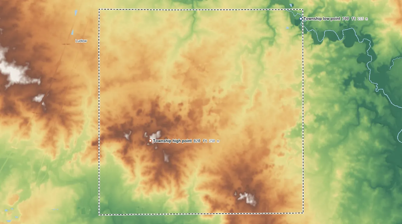 Topographic elevation map of Harwood Township, Illinois, shaded from 700 ft on the northeast side to 820 ft on the west side